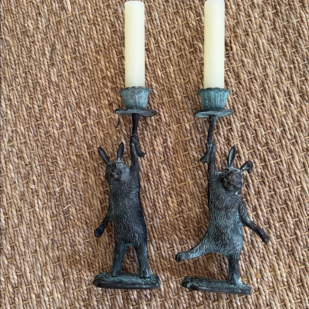 Verdigris Rabbit Candle Holders - Pair - Picture 2 of 10